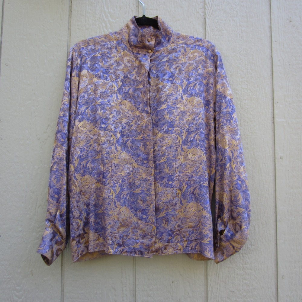 VTG ST.JOHN Blouse Top Size 4 Silk Button Down Shot Shimmer Paisley Jacquard